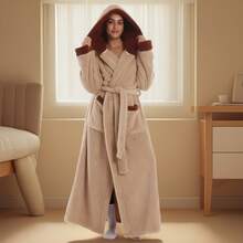 Bata de baño de franela para mujer, bata de dormir con cuello de chal grueso, bata con capucha esponjosa y cálida, bata con capucha de unicolor y mangas largas gruesas para pareja, otoño/invierno