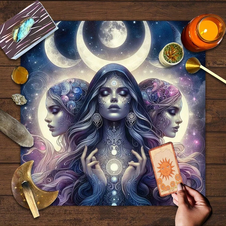 1pc Elegant Sun And Moon Mandala Altar Cloth With Mystical Symbol Design With Tarot Bag Starry Sky Table Cloth Witchcraft Astrology Black Oracle Mat Tarot Tablecloth Boho Playmat Cloth Home Decor - Multicolor - View 1