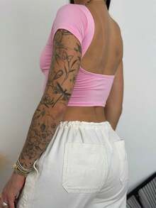 Basic Women's Cropped Top In Bare Back, Short Sleeves, High Quality Polyamide Top - Light Pink - View 1