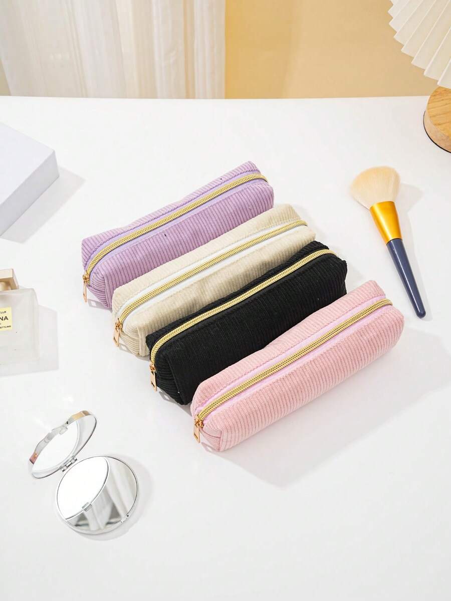 1pc High-Quality Corduroy Pencil Case - Spacious Polyester Supply With Zipper Closure, Mixed Colors White & Golden-Tone Zipper Pulls, Stylish Minimalist Design For Students & Professionals, Professional Organizer, Student Stationery Storage, Textured Fabric,Back To School,Pencil Pouch,School Bag