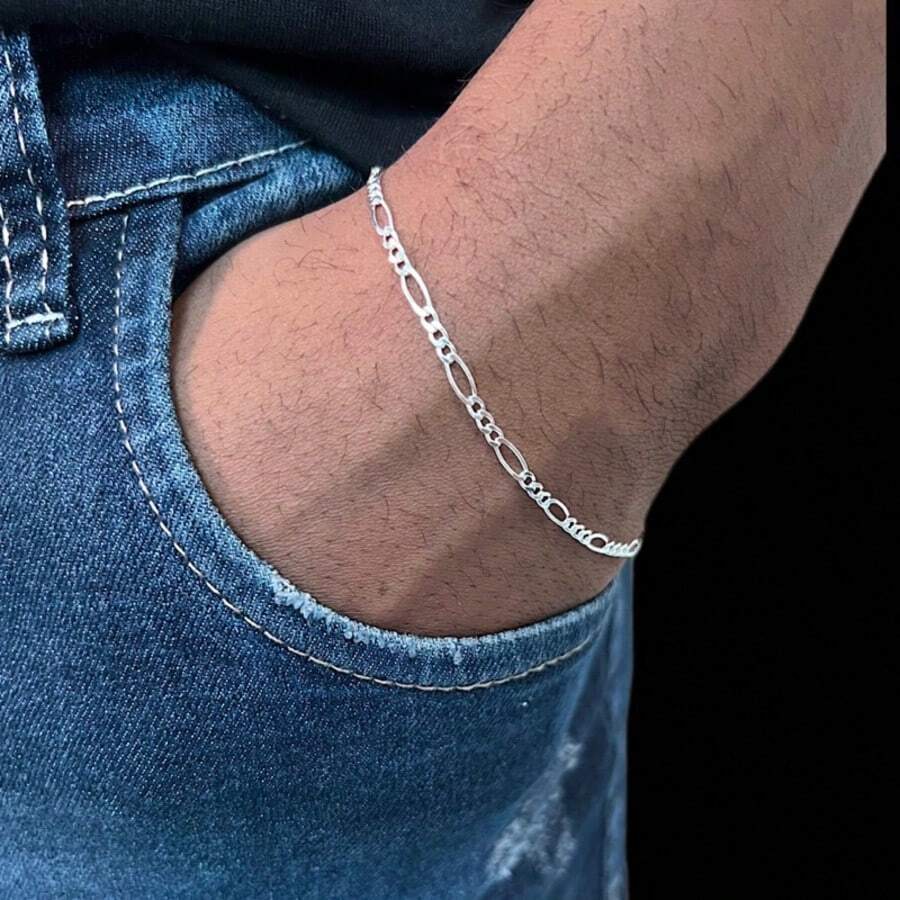 Men's Bracelet Link 3x1 Thin 2mm Plated In 925 Silver - 銀色 - 查看 1