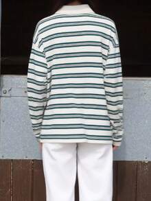 Women Striped Color Block Sweatshirt Lapel Collared Long Sleeve Oversized Rugby Shirt  Fall Clothes - Green - View 6