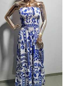 July Tropical Strapless Dress In Various Prints, 2025 Collection - Màu xanh lam - Xem 3