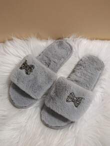 1 Pair Casual Plush Slippers For Teenage Girls, Bow Decor, Warm Thermal Lined, Non-Slip Flat Sole, Suitable For Autumn/Winter