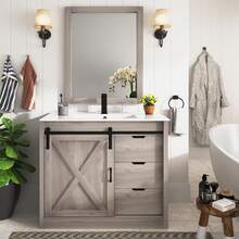 24/36/47 Inch Bathroom Vanity With Sink & Faucet & Mirror, Farmhouse Bathroom Vanity Cabinet Set With Sliding Barn Door & Drawers, Small Single Bath Storage Vanity Sink - 灰色 - 查看 1