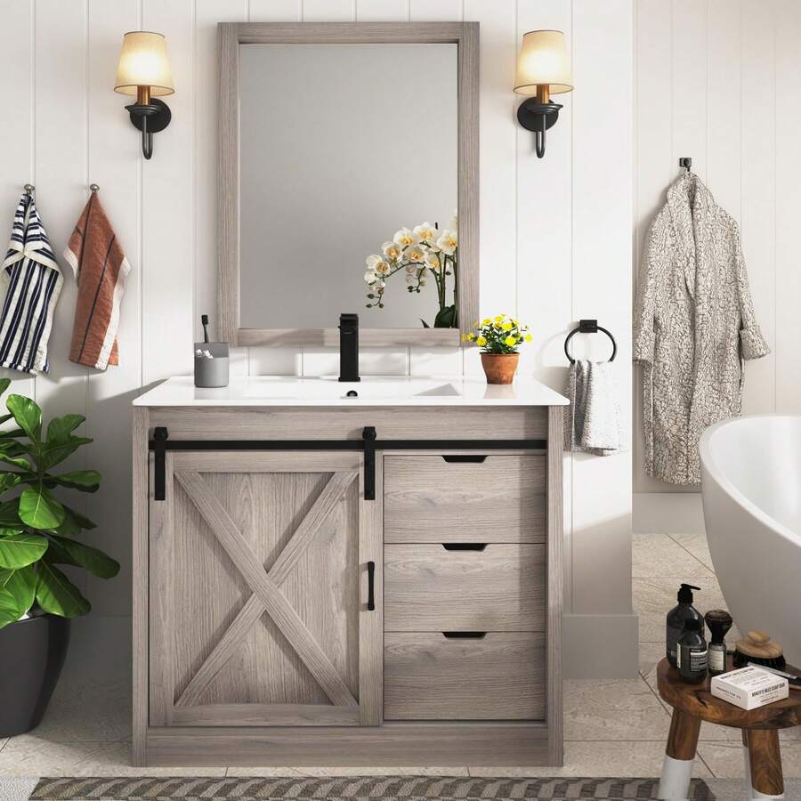 24/36/47 Inch Bathroom Vanity With Sink & Faucet & Mirror, Farmhouse Bathroom Vanity Cabinet Set With Sliding Barn Door & Drawers, Small Single Bath Storage Vanity Sink - 灰色 - 查看 1