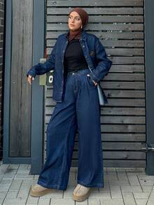 DAZY Women Long Sleeve Shirt And Jeans Casual Outfit Modest Fashion - Blue - View 3