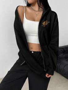 女士宽松长款拉链连帽卫衣，适合秋季、冬季、万圣节、圣诞节等场合，时尚百搭，适合户外穿着。 - 黑色 - 查看 6