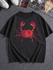 Camiseta gráfica moderna para mujer con ilustración de cangrejo divertido, cómoda camiseta de verano de mezcla de algodón, camiseta informal de manga corta con cuello redondo para un estilo diario, diseño único. - Negro - Ver 3