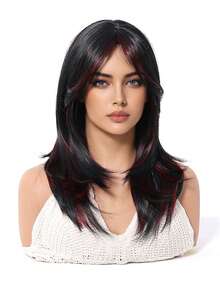 16英寸长直发假发，带刘海，酒红色，女士合成假发，适合女孩日常和派对佩戴，黑色耐热长卷发 - 挑染紅色 - 查看 4