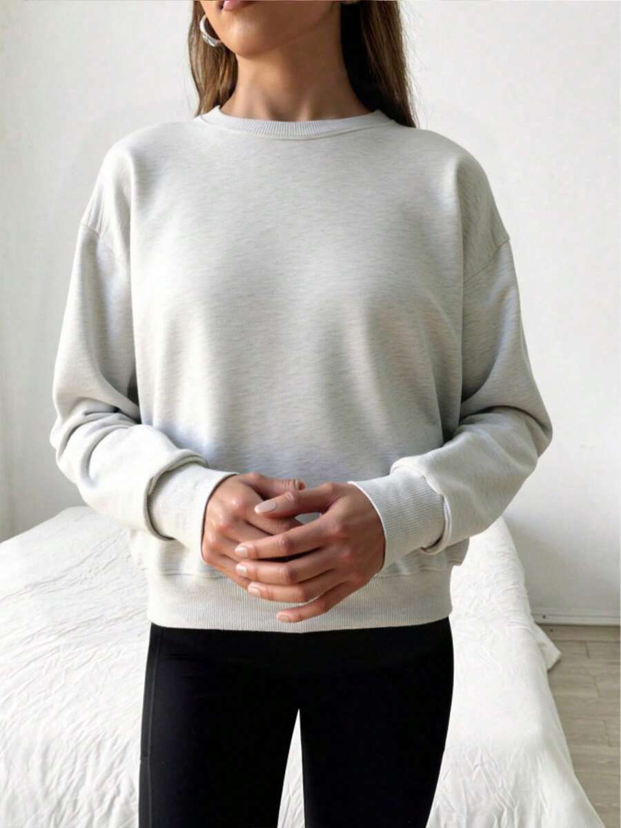 女式纯色圆领落肩长袖休闲户外运动衫 - 灰色 - 查看 1