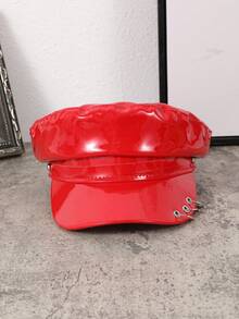 1 件女式黑色和红色闪亮皮革防水铆钉朋克风格平顶报童帽，适合派对、表演、购物和拍照