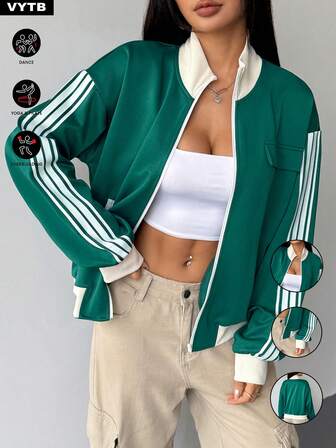 1pc Zip-Up Contrast Color Casual Jacket, New Casual Long Sleeve Outerwear