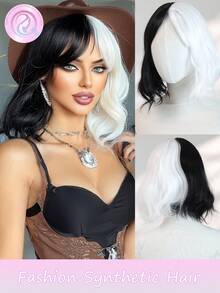 Halloween Costumes 10 Inch Short Body Wave Black And White Bob Wigs With Bangs For Women Synthetic Wig Natural Looking Daily Party Cosplay Use High Quality Natural Comfort Women's Wig Resistant Women's Elegant Wig For Beauty Holiday Essential - Black and White - View 2