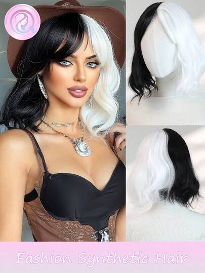 Costumes d'Halloween Perruque synthétique de 10 pouces à ondes courtes noire et blanche avec frange pour femmes, aspect naturel pour usage quotidien, fête, cosplay. Perruque de haute qualité, confortable et résistante, élégante pour les femmes, indispensable pour les vacances