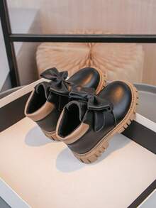 1 Pair Children's Fashion New Lychee Texture PU Hook And Loop Design Bow Decor Anti-Slip Soft Durable Chelsea Boots - Black - View 16