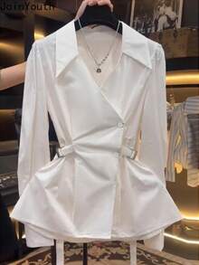 Women's Elegant Waist Design Long Sleeve Blouse, Solid Color Woven Fabric, Suitable For Office And Everyday Wear, Spring/Summer - White - View 4