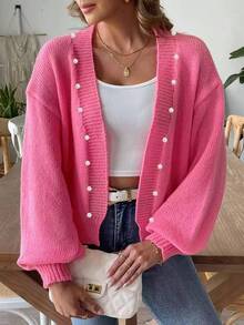 Women's Knitted Cardigan, Pink Knit Sweater Cardigan With Pearl Button Decor, Fashionable For Everyday Wear In Autumn/Winter