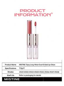 MISTINE Double Ended Lip Gloss 1.5g+1.5g Color Holding Lip Glaze Hydrating Lip Jelly Moisturizing Multi Use Lip Tint Natural Look D08