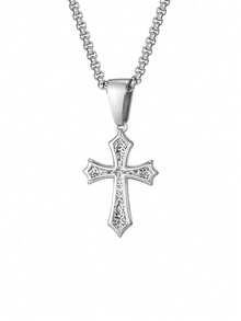 1pc Stainless Steel Catholic Cross & Angel Religious Faith Necklace, Suitable For Halloween, Christmas, Party, Gift For Mom, Friends