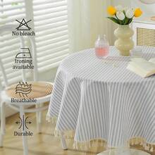 Meioro Striped Tablecloth Round Tablecloths Cotton Blend Table Cloth Washable Tabletop Decorative Fabric Table Cover For Kitchen Dinning (Grey, Round 60 Inch) - 灰色60圓形 - 查看 7