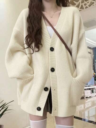 Las mujeres de cuello en V estilo perezoso chaqueta de punto, botón simple japonesa jersey otoño e invierno casual suéter de punto suelto