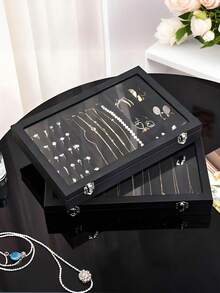 1pc 100-Slot Velvet Sponge Ring Display Box, Jewelry Storage Box, Display Box, Ring Cufflink Jewelry Tray, Necklace Storage Box With Transparent Cover, High Quality 20-Hook Necklace Display Tray With Transparent Glass Cover, Suitable For Women And Girls Jewelry Pendant Storage Box (Black), 20-Hook Necklace Jewelry Box, Jewelry Box Can Hold 100 Rings