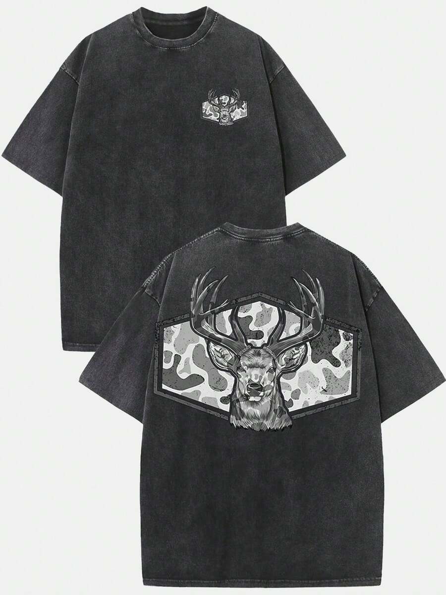 (230g T-Shirt)Vintage Washed Cotton Hunting T-Shirt, Camo Deer Head Graphic, Loose Casual Crew Neck Short Sleeve Tee - màu đen - Xem 1
