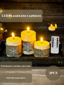1 pieza/Set de 3 velas LED sin llama con control remoto y temporizador, velas LED, velas en pilar con discos de madera con copos de nieve, luces de vela, efecto de llama 3D, adecuado para boda, Navidad, decoración de jardín, fiesta, decoración del hogar, decoración de mesa, regalos