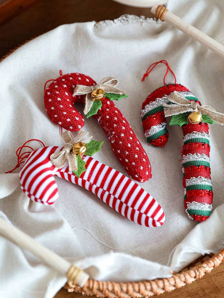1 buc Ornamente de Crăciun în formă de baston de bomboane, material textil, cu dungi, agățat pedant cu fundă de in și clopoțel de Crăciun pentru decorarea bradului de Crăciun, sărbători, festivități de Crăciun, decorațiuni pentru camera de acasă, decorațiuni de Crăciun de iarnă