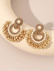 NAIZHU 1pair Of Luxurious Exaggerated Vintage Bohemian Style Hollow Out Rhinestone Earrings, Perfect For Party, Women's Fashion Accessory - Gold - View 6
