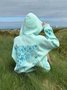 Women's Ocean Embroidered Hoodie Oversized Sweatshirt Casual Loose-Fit Top For Fall/Winte Layering And Everyday Outfits - 藍色 - 查看 1