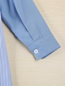 Autumn Girls' Collegiate Style Blue & White Striped Bow Decor Long Sleeve Casual Dress, Comfortable For Everyday Wear