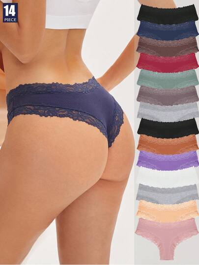 Womens Cotton Underwear Sexy Lace Hipster Panties Soft Breathable Cotton Brazilian Bikini Ladies 14 Pack