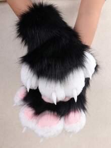 A Pair Of Furry Cat, Fox Paw Gloves - Suitable For Cosplay Halloween Fur Role Play, Rave Party Outfit Accessories And Animal Costume Set Accessories