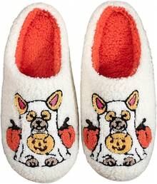 Cozy Plush Halloween Pumpkin Slippers, Non-Slip Fluffy Design - White Pumpkin Dog - View 1