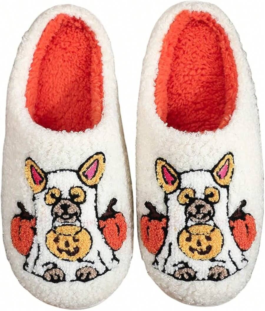 Cozy Plush Halloween Pumpkin Slippers, Non-Slip Fluffy Design - White Pumpkin Dog - View 1