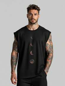 Men's Tank Top Oversized T-Shirt Streetwear Printed Loose Fit Cotton Shirt Men Women - 黑色 - 查看 1