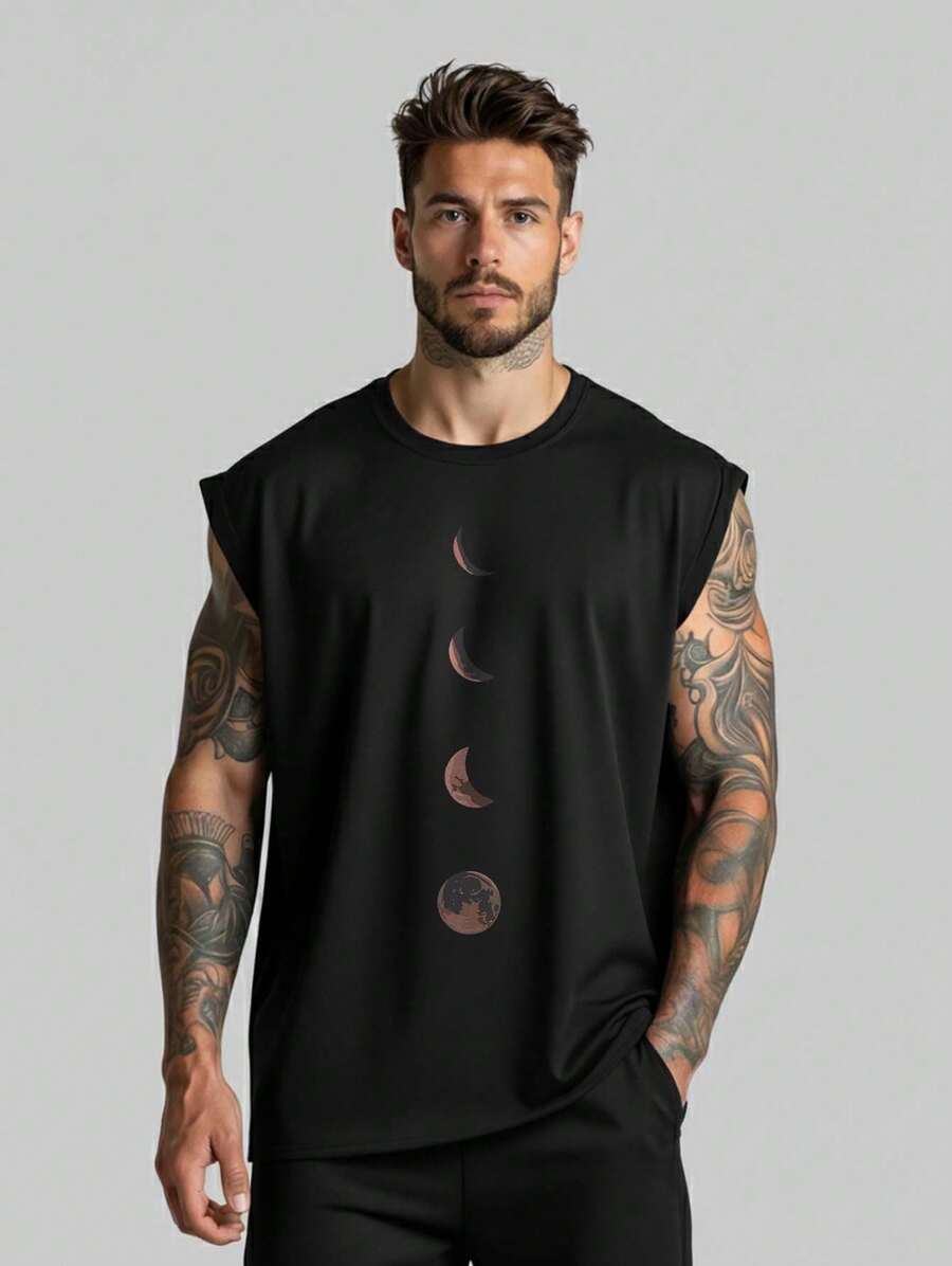 Men's Tank Top Oversized T-Shirt Streetwear Printed Loose Fit Cotton Shirt Men Women - 黑色 - 查看 1