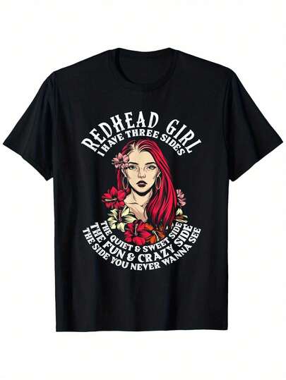 Camiseta con eslogan de pelirroja divertida - "Dulce como caramelo y loca como el infierno" camiseta gráfica con diseño floral, 100% algodón ligeramente elástica, camiseta casual unisex para mujeres y hombres, tallas S-XXXL, ropa de fácil cuidado| Top de Estampado Juguetón, Camisetas Lindas