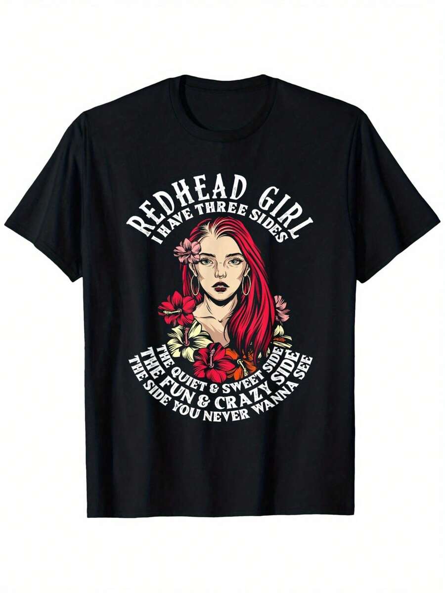 Camiseta con eslogan de pelirroja divertida - "Dulce como caramelo y loca como el infierno" camiseta gráfica con diseño floral, 100% algodón ligeramente elástica, camiseta casual unisex para mujeres y hombres, tallas S-XXXL, ropa de fácil cuidado| Top de Estampado Juguetón, Camisetas Lindas - Negro - Ver 1