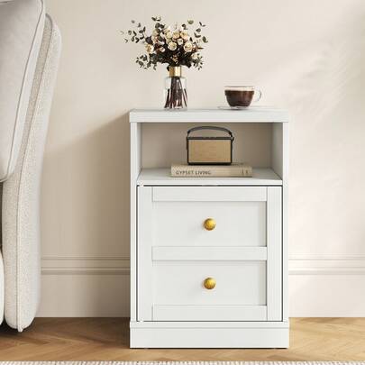Nightstand With Storage Shelf And Door, Night Stand, Modern Faux Two-Drawer Design Side Table, Wood End Table For Bedroom Dorm Living Room Small Spaces