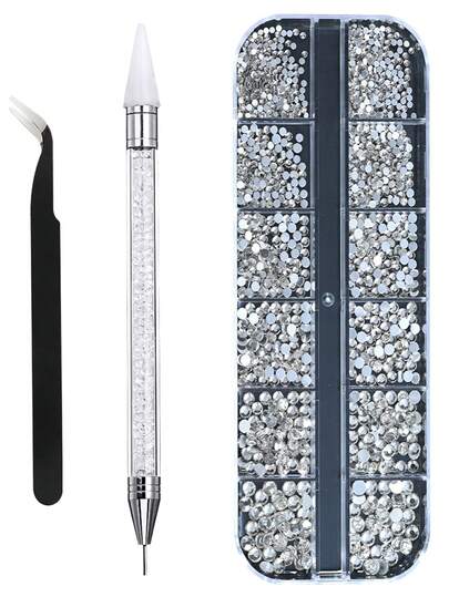12 Compartments 6 Sizes Transparent Rhinestone Flat Bottom Shiny Crystal AB Nail Gems, Comes With Tweezers And Dotting Pen, 2000pcs 3D Round Crystal Nail Art Decorations, Face & Eye Makeup, DIY Nail Art Craft