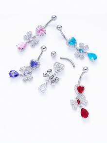 1pc Bowknot Zirconia Pendant Belly Button Ring Navel Piercing Jewelry For Women, Light Luxury Body Piercing - Multicolor - View 3