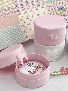 1PC INS Cute Macaron Bow Round Storage Box Kawaii Girls Jewelry Hairpins Dustproof Box Travel Portable Small Sundries Organizer