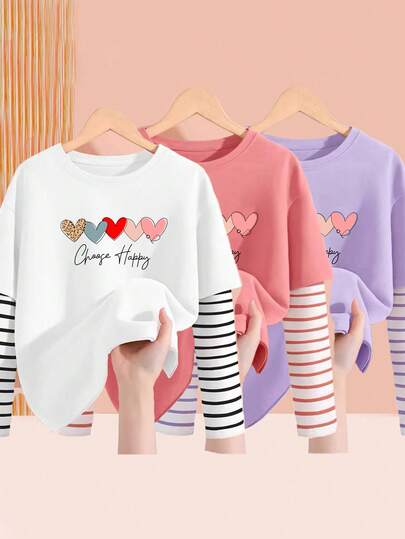 Kleine Mädchen 3 Stücke Süß Langarm T-Shirt, Kinder Elegant T-Shirt, gestreifter Kontrast 2 in 1 Top