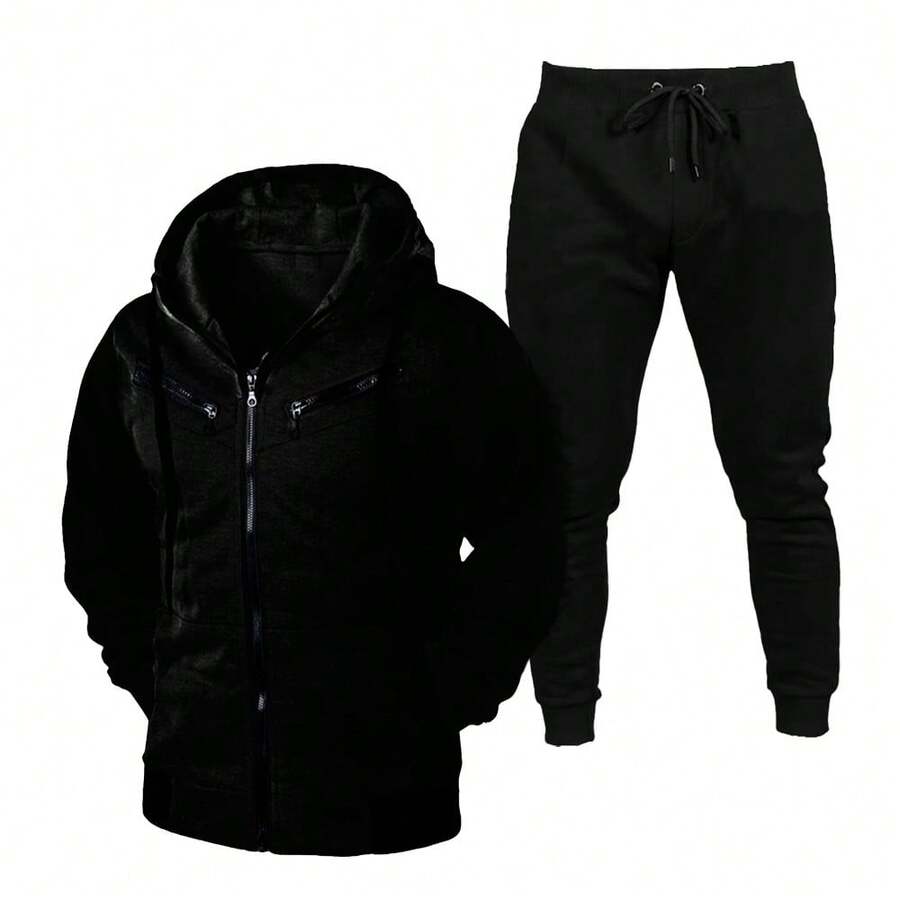 Sweatshirt And Pants Set With Pocket Unisex Tracksuit Kit - 黑色 - 查看 1
