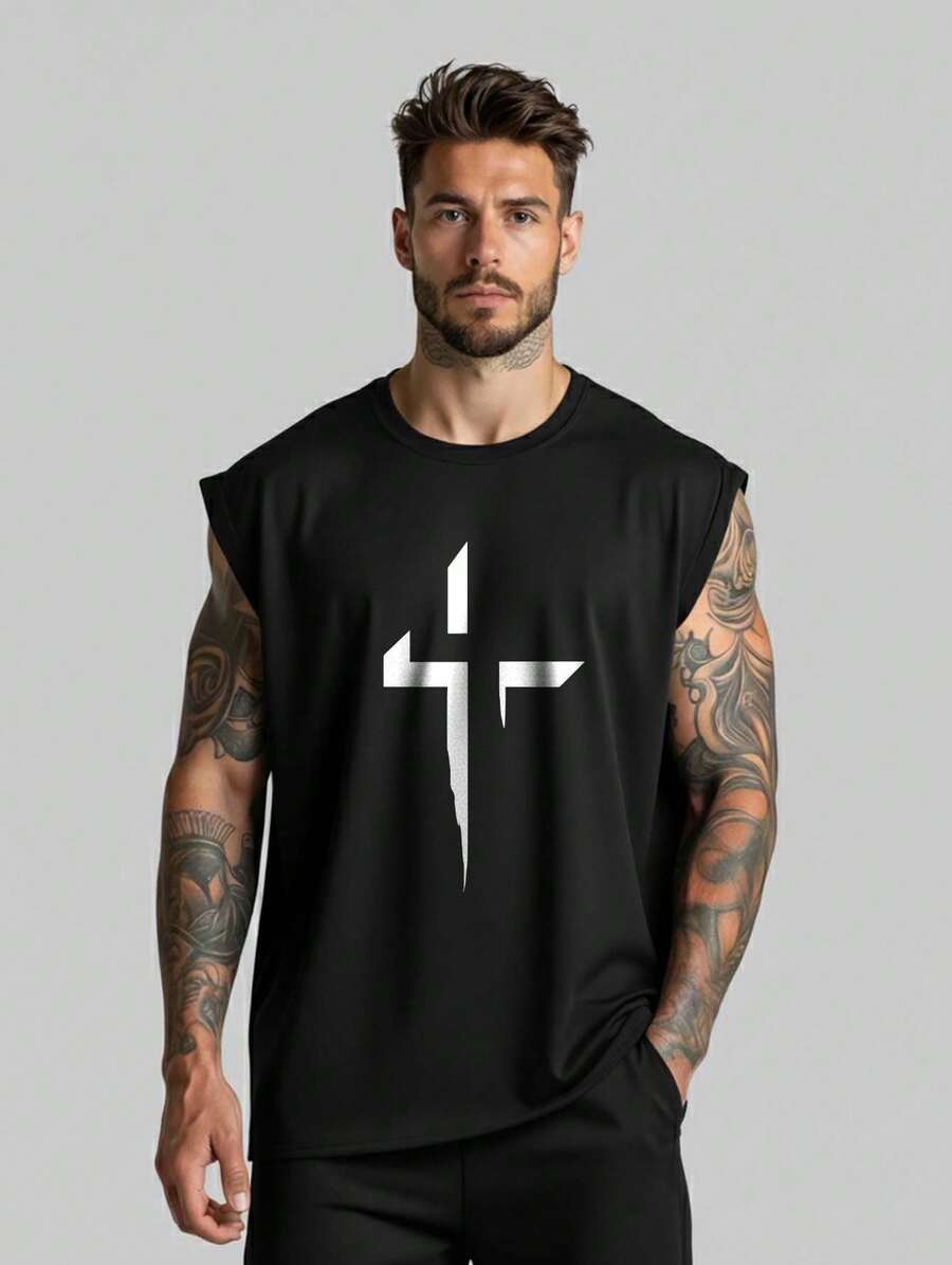 Unisex Oversized Tank Top Cross  Printed Unisex Scoop Neck Shirt Loose Cotton T-Shirt Men Women - 黑色 - 查看 1