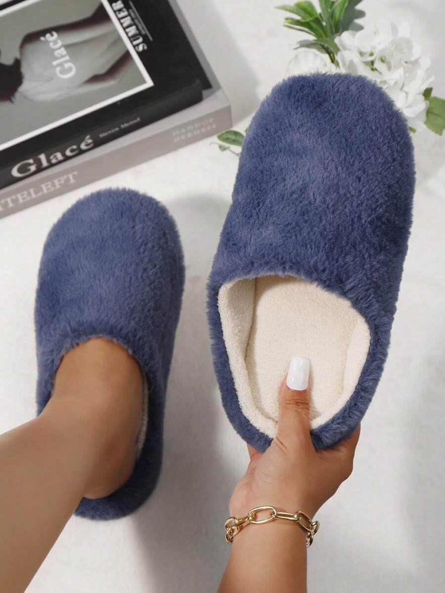 女士时尚蓬松毛绒家居拖鞋、室内地板覆盖袜、冬季保暖轻便卧室拖鞋、毛茸茸的鞋子 - 寶藍色 - 查看 1