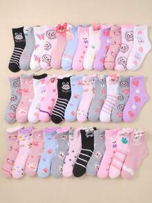 20 Pairs Girls' Socks, Assorted Colors And Cute Unique Patterns Including Hearts, Bows, Rabbits, Flowers, Soft And Breathable For Daily Wear, Holiday And Party Gifts, Random Color And Style Delivery - Multicolor - View 7